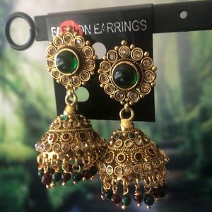 Green, marroon and gold dangling Indian earrings